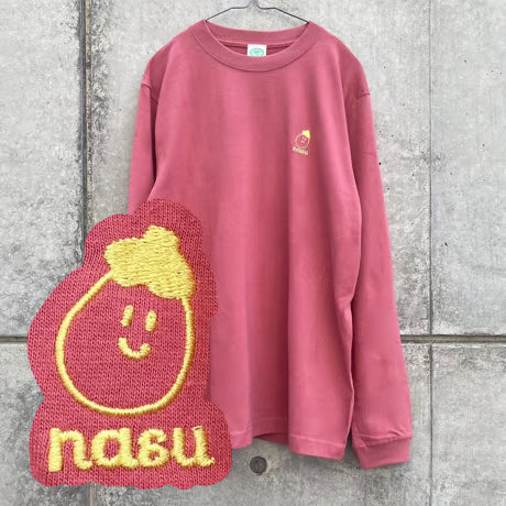 ナスの刺繍ロンT レッド（Eggplant Embroidery Long Sleeve T-shirt Red）